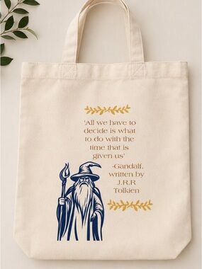 Gandalf Quote Canvas Tote Bag in Natural with Navy & Gold Print